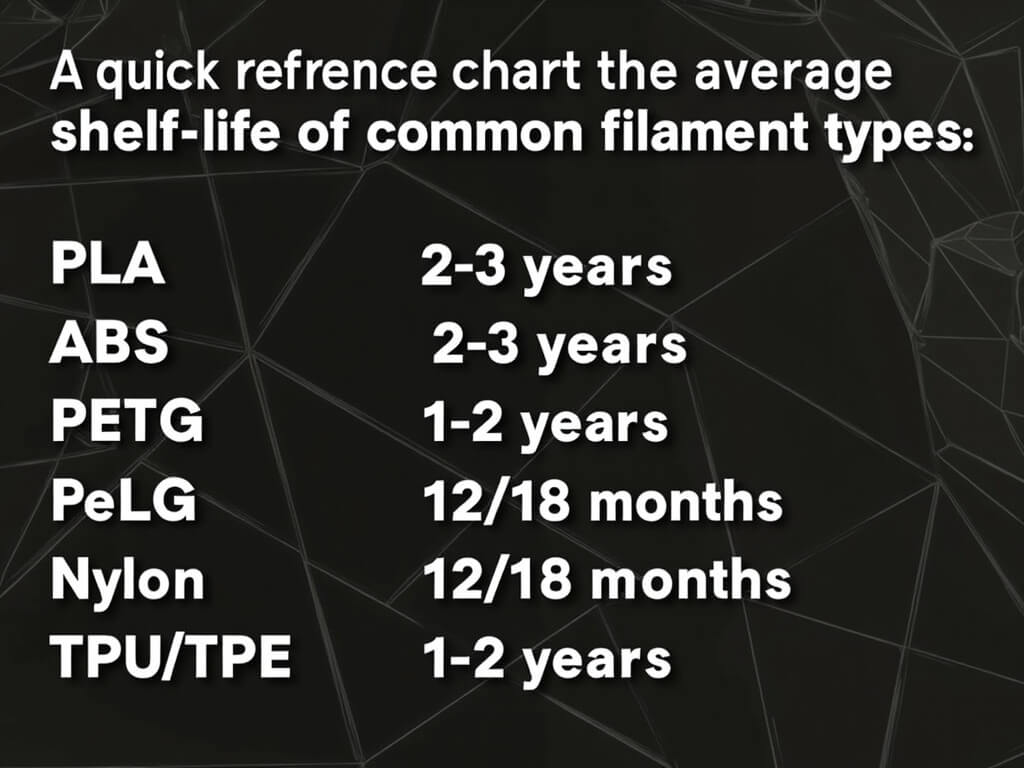 Infographic showing shelf life of different filament types